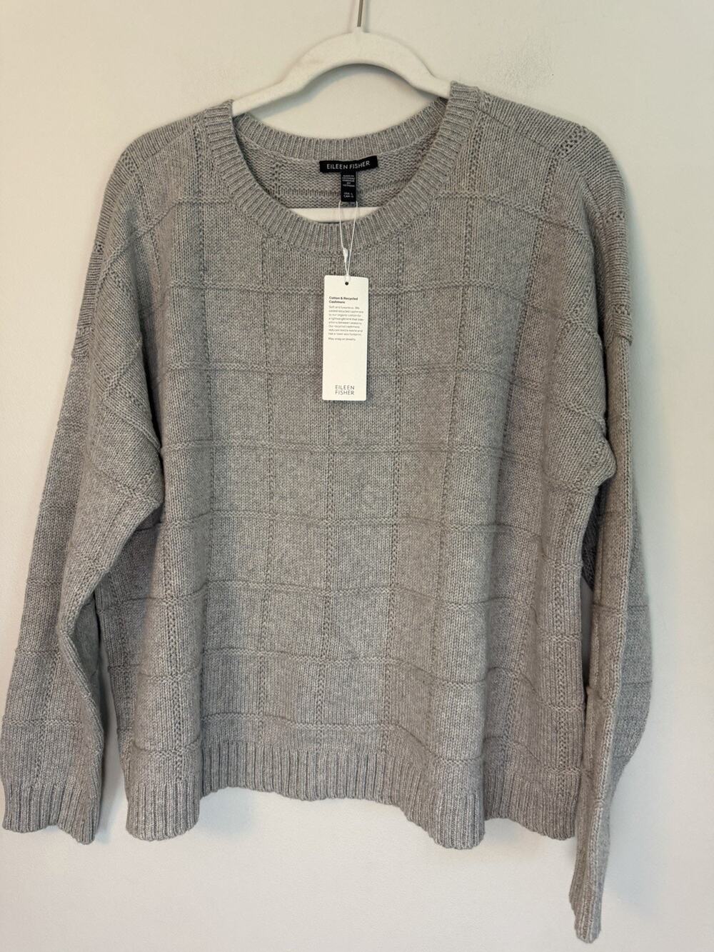 Eileen Fisher Grey Cotton Cashmere Crewneck Sweater Sz L NWT $249